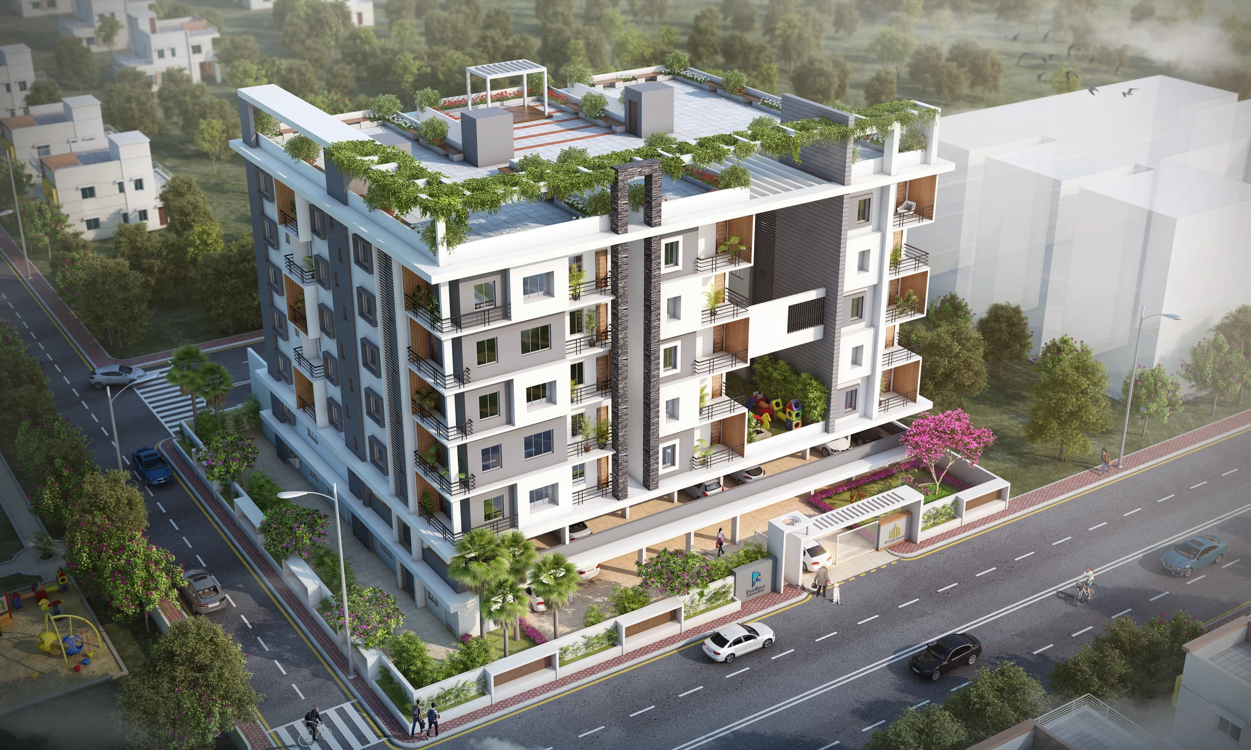 Aerial view of the completed Highland residences